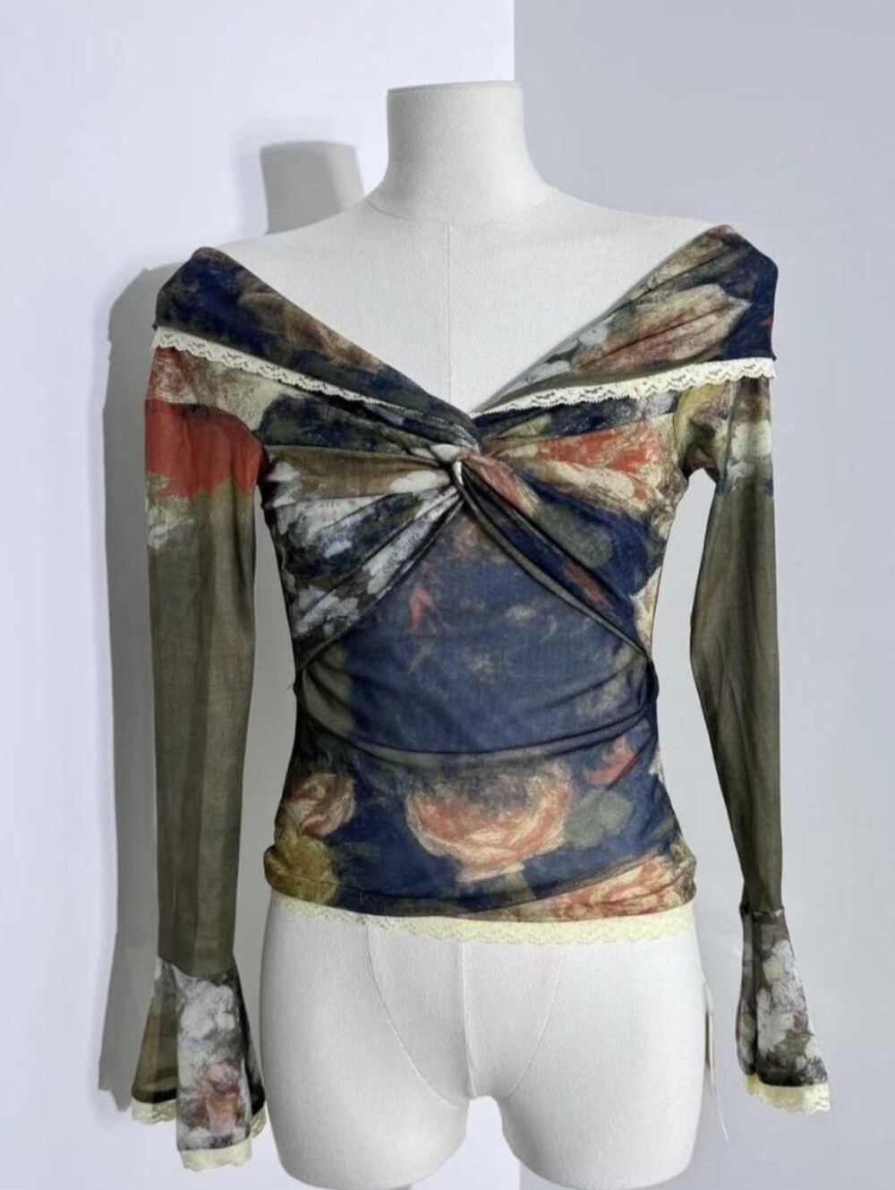 Off-Shoulder Floral Twist Mesh Top in Multi-Color